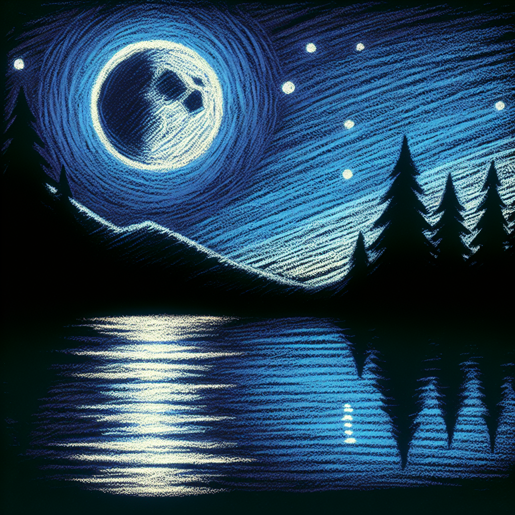 Digital art profile picture featuring a mesmerizing night view with a stylized moon, stars, pine trees, and their reflection on a serene body of water.