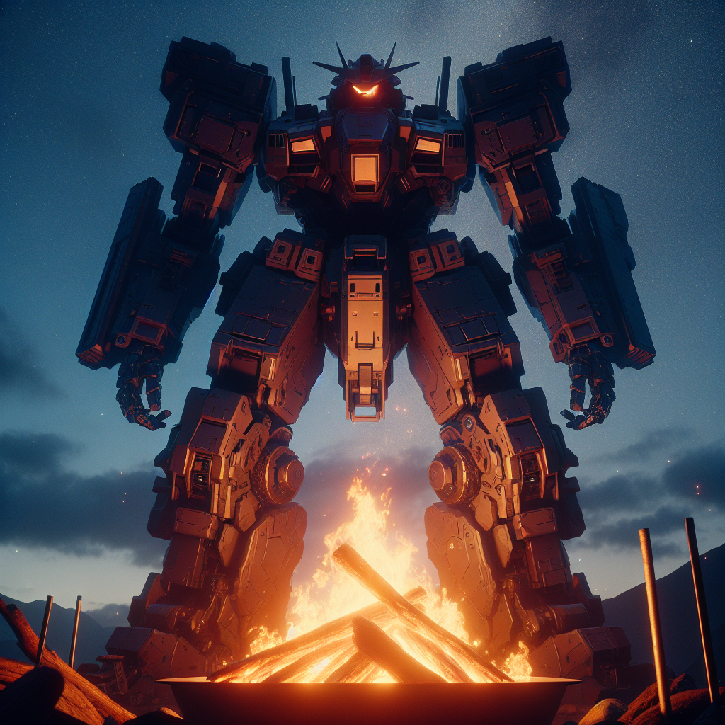 Avatar image showcasing a towering robot looming over a fire pit under a dusk sky.