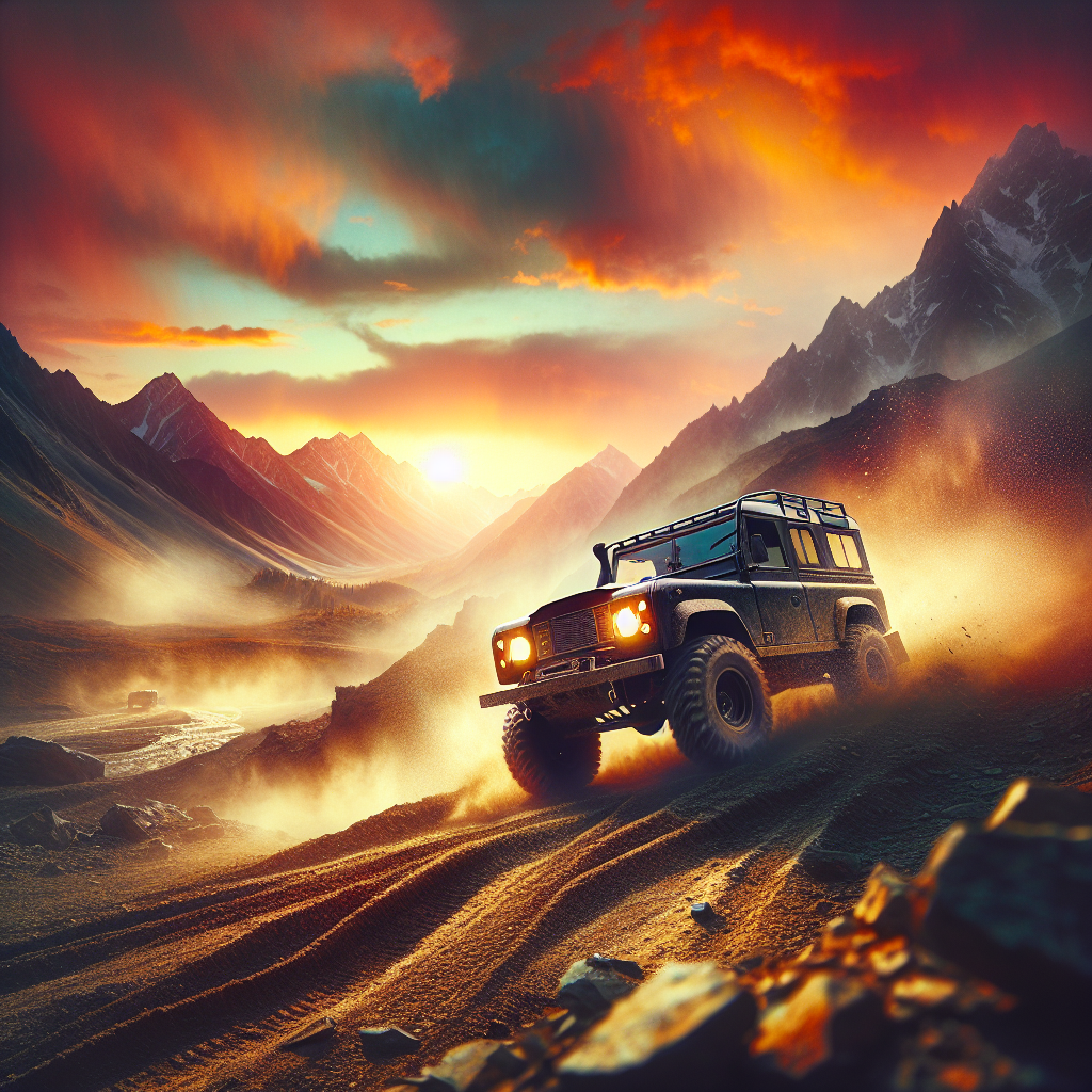 A rugged off-road vehicle navigates a dramatic mountain landscape at sunset, kicking up dust against vibrant skies—an adventurous forum avatar capturing the spirit of exploration.
