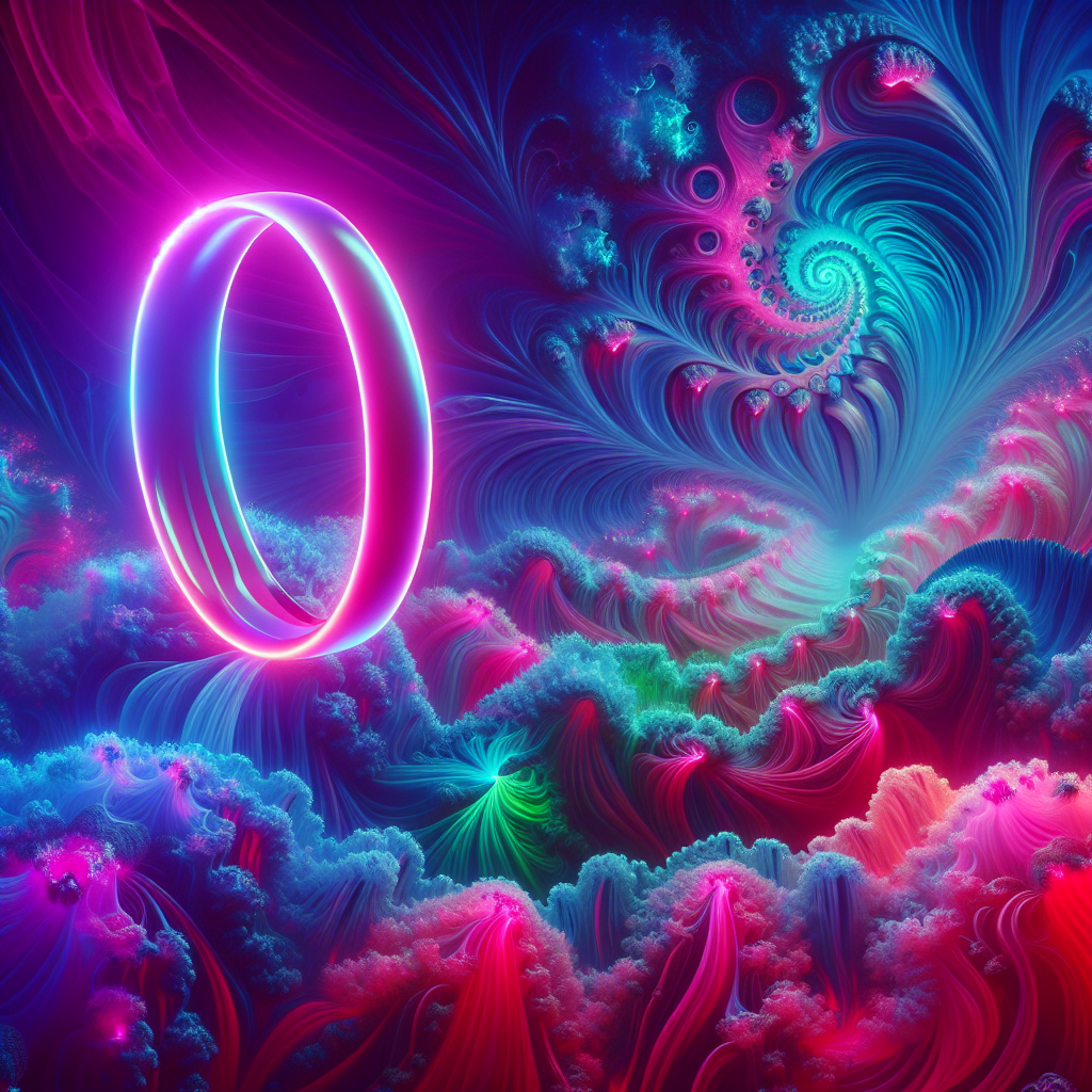 Colorful abstract fractal avatar with neon pink and blue hues, featuring glowing circle and intricate patterns.