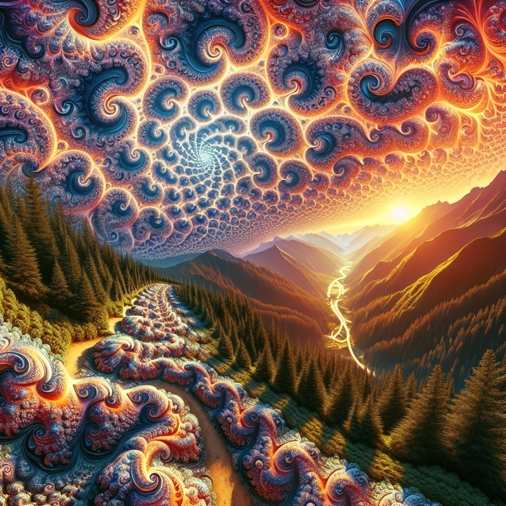 Avatar of a vibrant, surreal hiking trail winding through a colorful, ornate forest under a golden sunrise.