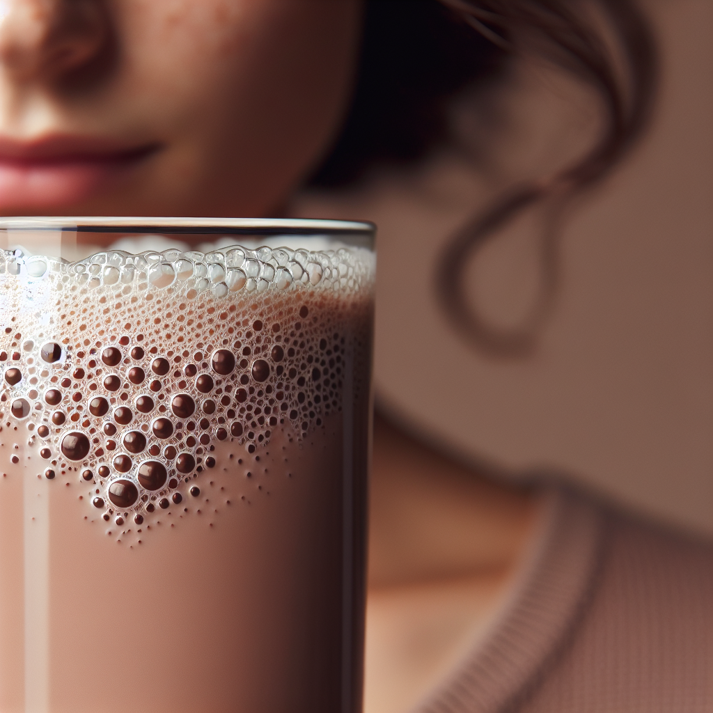Profile photo featuring a close-up of a woman with a glass of frothy chocolate milk, highlighting the beverage with a soft, focused backdrop.