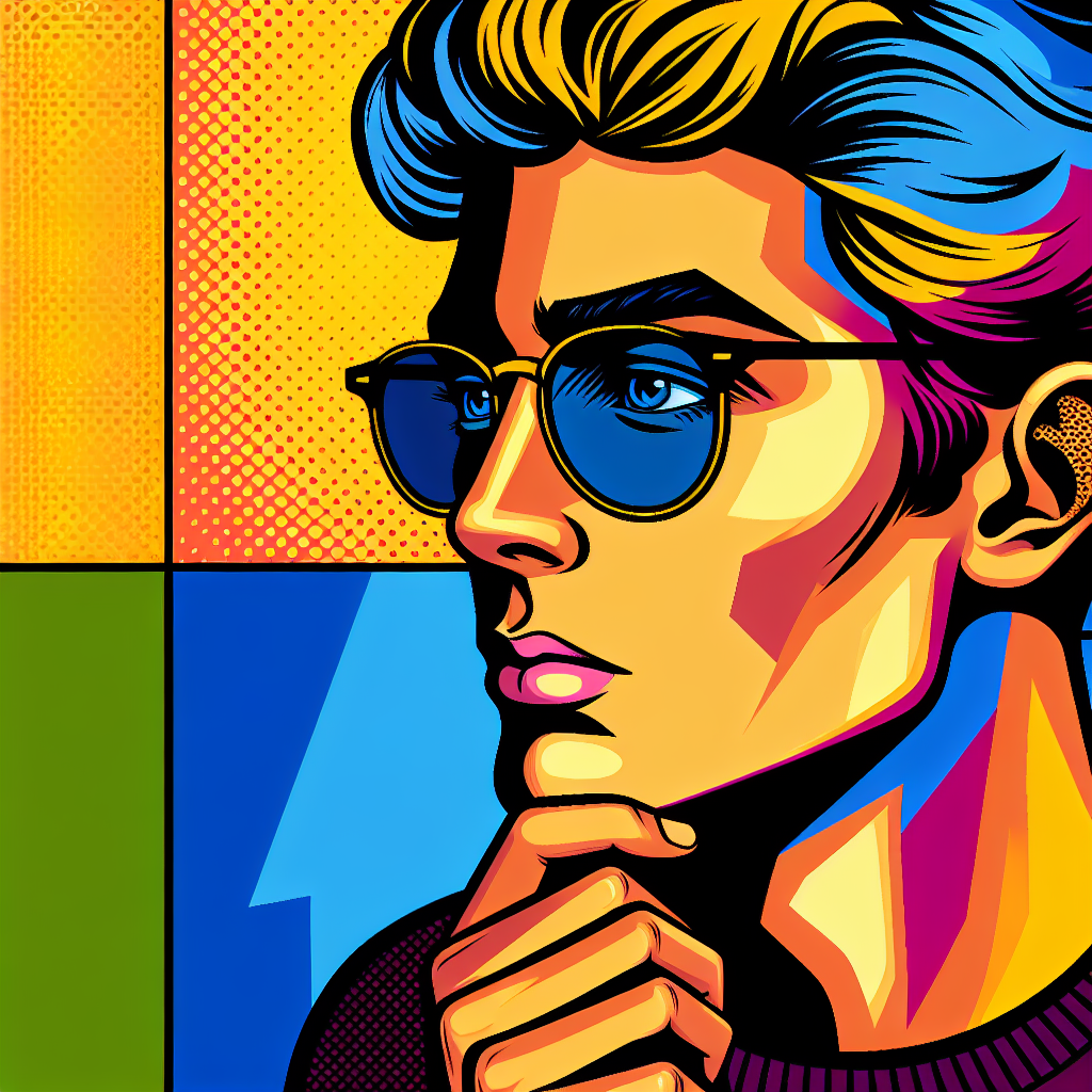 Colorful pop art style male avatar with glasses and thoughtful expression.