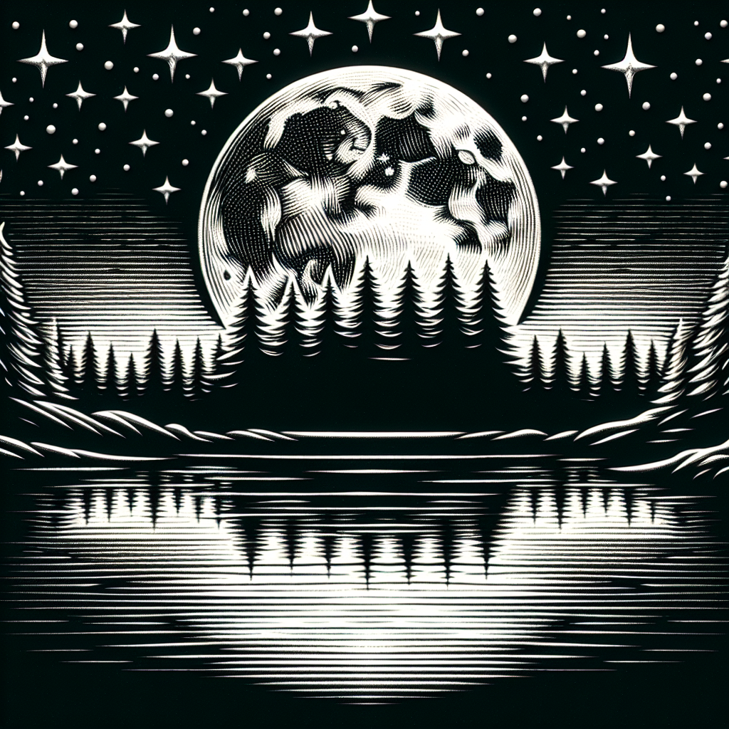 Stylized monochrome avatar featuring a serene night view with a full moon over a pine forest reflecting in a tranquil lake.