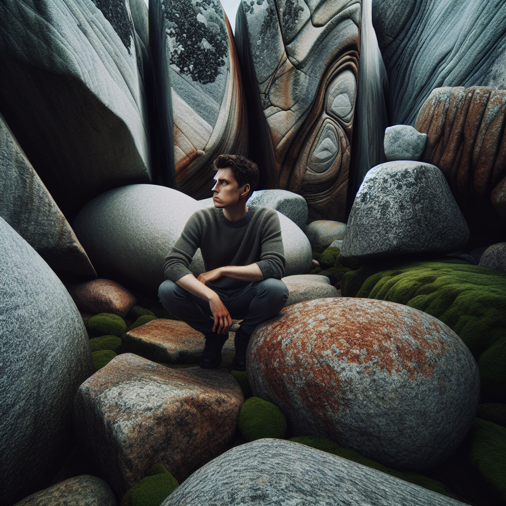 Avatar of a person sitting contemplatively among oversized rocks and stones in a serene rock garden setting.