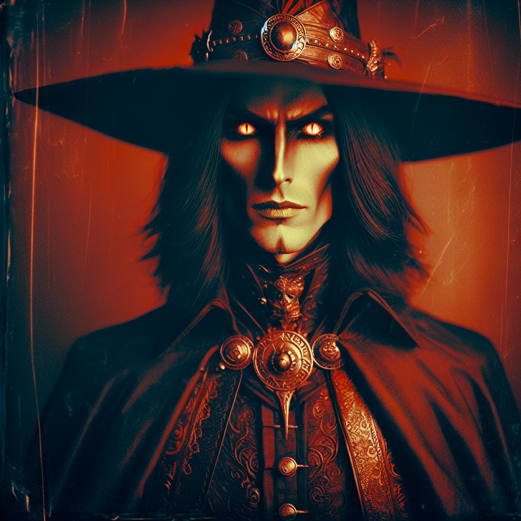 Avatar of a stern-faced warlock with glowing eyes, wearing a wide-brimmed hat adorned with mystical symbols, set against a dark red backdrop.