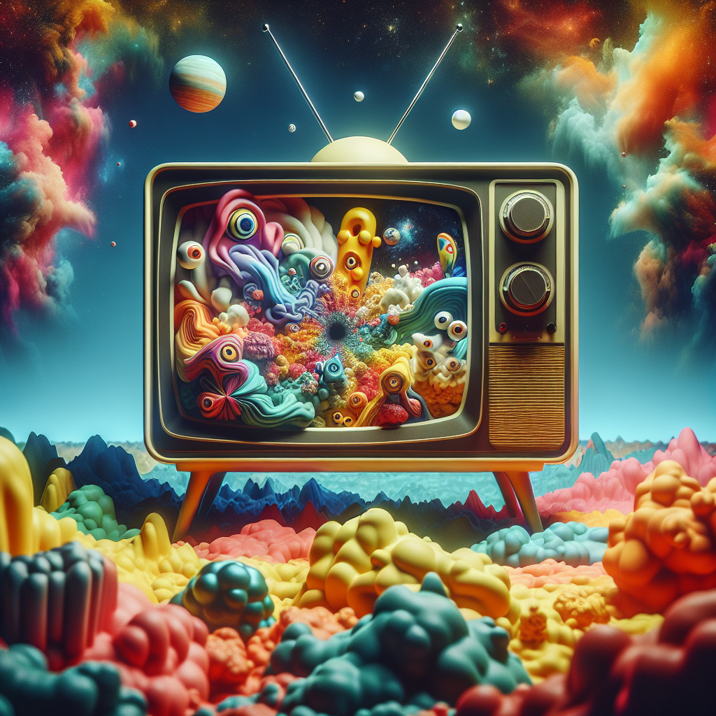 A vibrant and surreal profile photo featuring a retro television set displaying colorful, abstract patterns, surrounded by a dreamy landscape of clouds and planets.