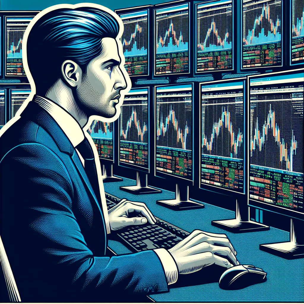 Illustration of a focused trader avatar analyzing stock market trends on multiple computer monitors.