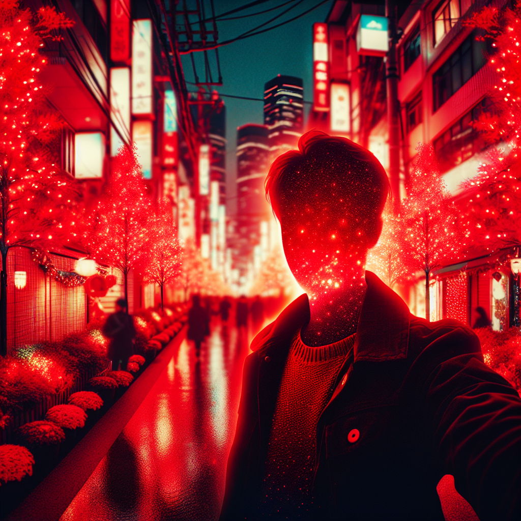 Silhouetted person with glowing holiday lights head, against a vibrant backdrop of red illuminated trees and city street for a festive avatar.