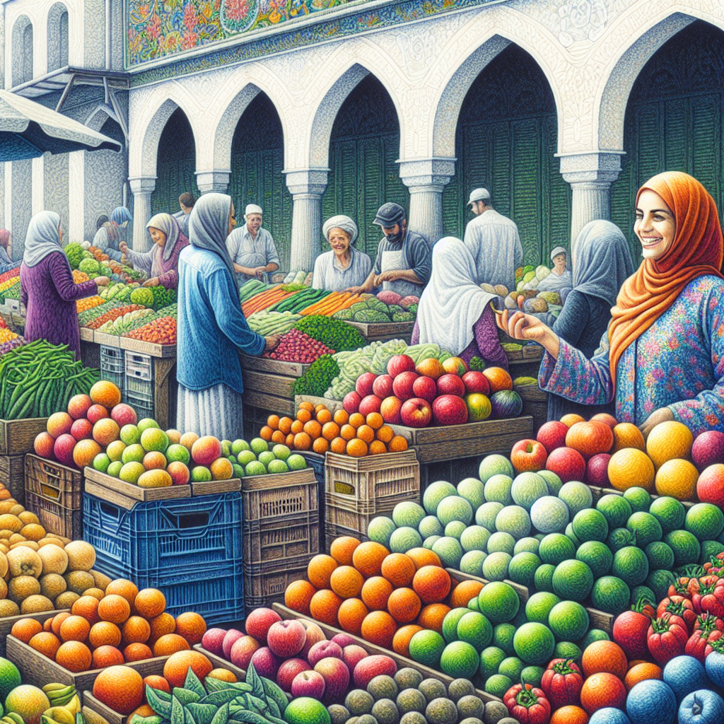 Colorful avatar of a vibrant farmers market scene with people shopping for fresh fruits and vegetables at stalls.