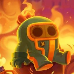 Stylized green character in a flameproof suit with orange trim and round visor amid roaring flames — forum avatar/profile photo.
