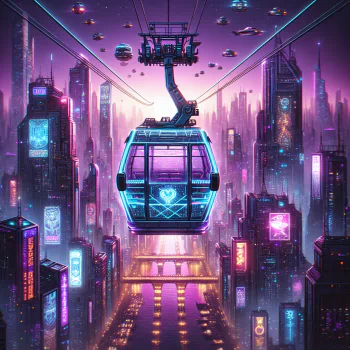 Futuristic cable car avatar with a vibrant cyberpunk cityscape backdrop.