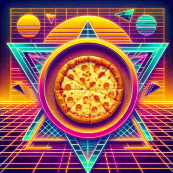 Stylized avatar featuring a whole pizza centered within vibrant retro-futuristic neon graphics.