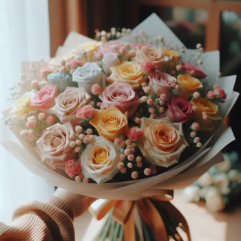 A vibrant bouquet of roses in various pastel colors, surrounded by delicate blooms, serves as a charming forum avatar/profile photo.
