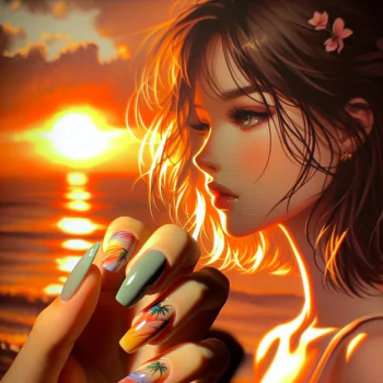 A vibrant forum avatar showcasing summer nails against a stunning sunset backdrop, featuring a woman with expressive features and colorful, tropical-themed nail art.
