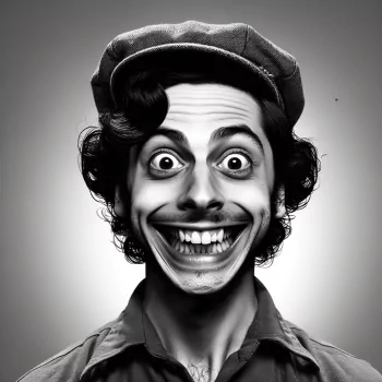 Black and white caricature of a smiling person with exaggerated facial features wearing a cap, suitable as a goofy avatar or profile picture.