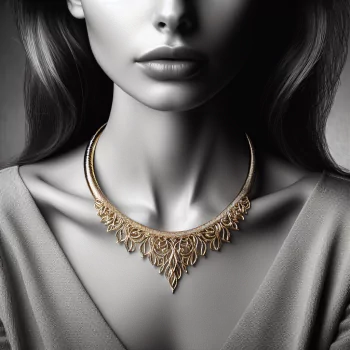 A striking profile photo featuring a woman adorned with an elegant gold necklace, highlighting intricate leaf-like designs against a dark background.