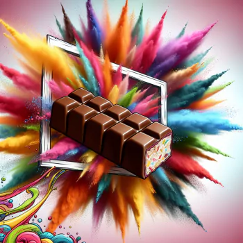 Vibrant avatar featuring a 3D illustration of a chocolate candy bar with a burst of colorful abstract art in the background.