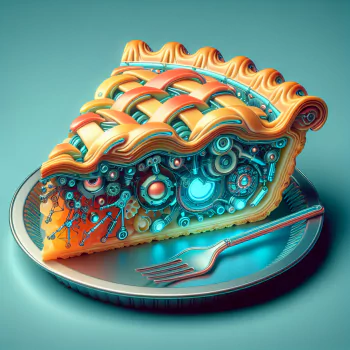 A vibrant, stylized slice of apple pie with intricate mechanical details sits on a plate, serving as a unique forum avatar or profile picture.