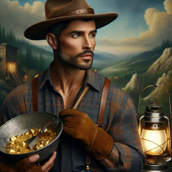 Avatar of a rugged gold miner holding a pan full of gold nuggets with a lantern, symbolizing gold mining adventure.