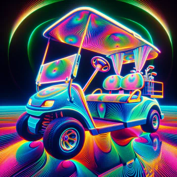 Neon-colored digital illustration of a golf cart, designed as a vibrant avatar or profile picture with psychedelic colors and halos of light.