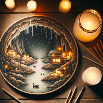 Avatar image of an artistic depiction of an underground river scene, featuring a cozy village with lit cabins and people in boats, surrounded by candles.