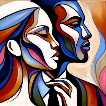 Abstract avatar of a couple in profile symbolizing marriage and unity, with colorful, intertwined design elements.