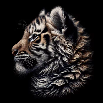 A detailed profile of a tiger cub, showcasing its striking features and fluffy fur against a black background, designed as an engaging forum avatar.