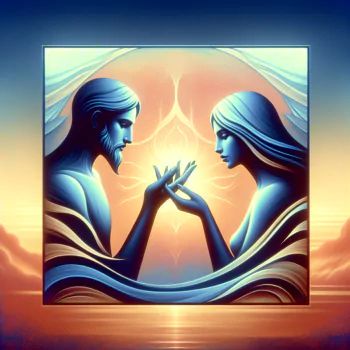 Illustration of two stylized figures representing soulmates touching hands with a warm sunset background for a profile picture.
