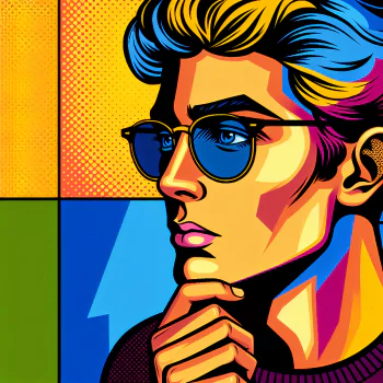 Colorful pop art style male avatar with glasses and thoughtful expression.