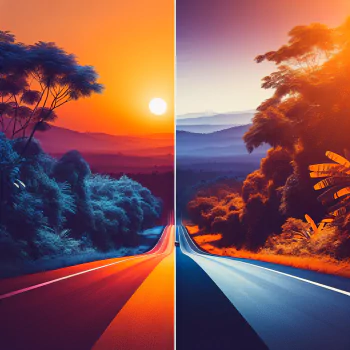 A vibrant digital illustration for a forum avatar, depicting a scenic road trip at sunset, featuring two contrasting landscapes merging into one journey.