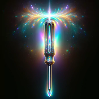 A vibrant, sparkling screwdriver stands out against a dark background, surrounded by a burst of colorful light, making it a striking forum avatar or profile picture.