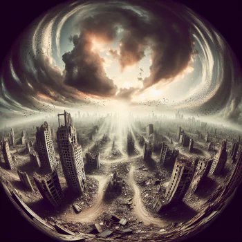 A dystopian-themed profile picture featuring a stylized, apocalyptic cityscape with buildings in ruins and a dramatic cloudy sky.