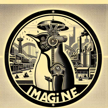 Retro-futuristic avatar featuring a robotic arm with industrial cityscape and the word IMAGINE.