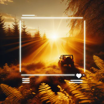 Avatar of a jeep driving off-road at sunset among trees, casting a warm glow and adventure vibes.