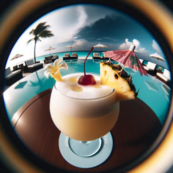 A refreshing Pina Colada garnished with a cherry and pineapple slice, set against a tranquil poolside scene, perfectly captures a tropical vibe for a profile photo.