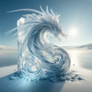 An intricate ice sculpture of a dragon, shimmering in a serene, icy landscape, serves as an engaging forum avatar, showcasing artistry and elegance.