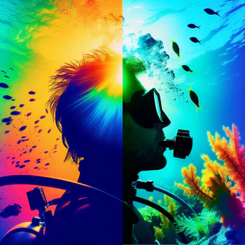 Colorful underwater photography themed avatar featuring scuba diver silhouette and vibrant marine life.