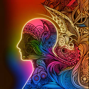 Vibrant fluorescent avatar with intricate designs and colorful silhouette for profile picture.