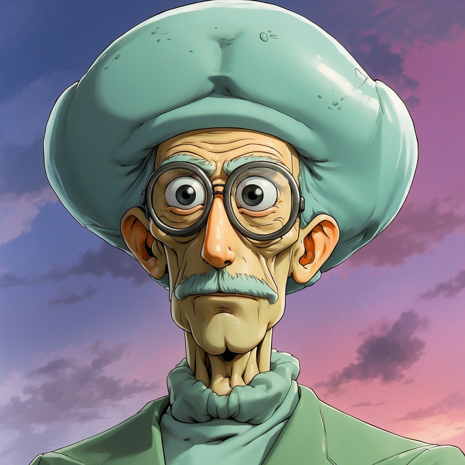 Profile picture of a stylized Squidward Tentacles character with a detailed 3D rendering against a sunset sky backdrop.