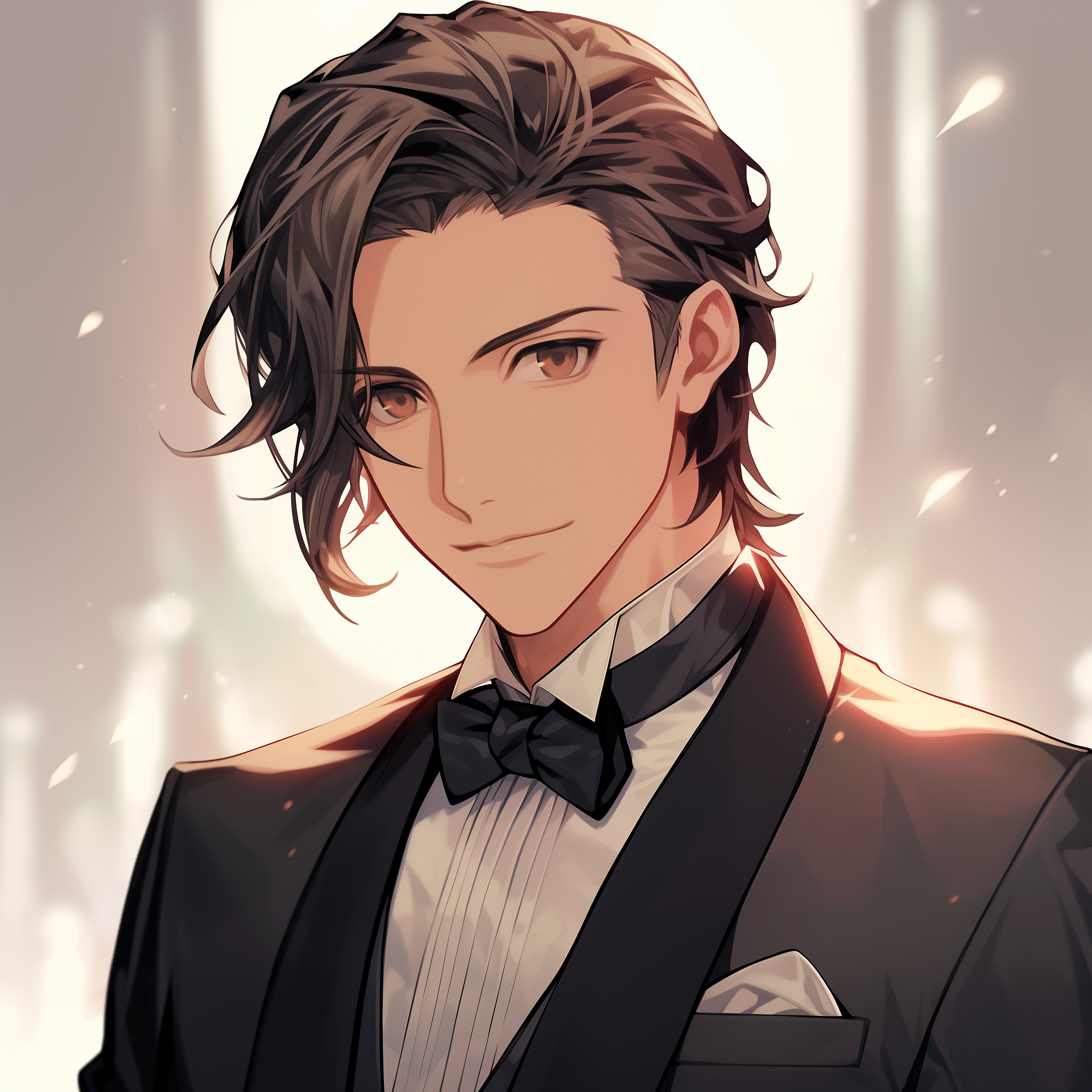 Anime man in tuxedo avatar with elegant hairstyle and bow tie.