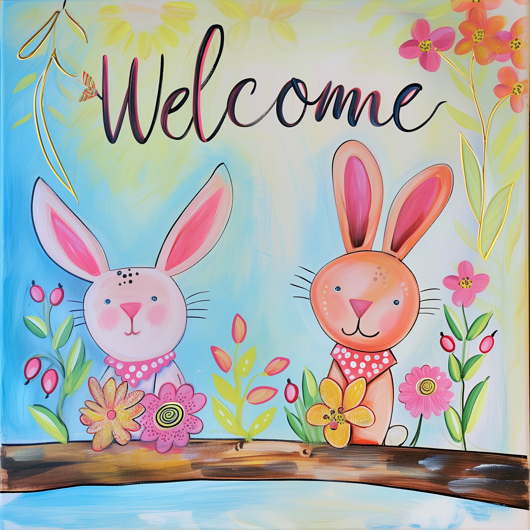 Colorful welcome drawing with adorable cartoon bunnies and floral accents for a cheerful avatar or profile picture.