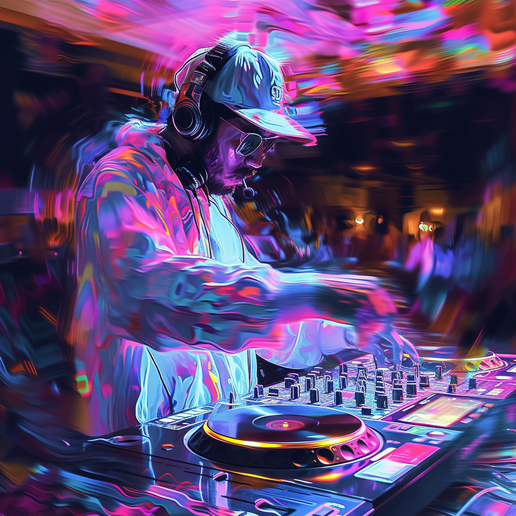 Avatar of a DJ mixing tracks at a nightclub with vibrant neon lighting, capturing the dynamic atmosphere of a music party.
