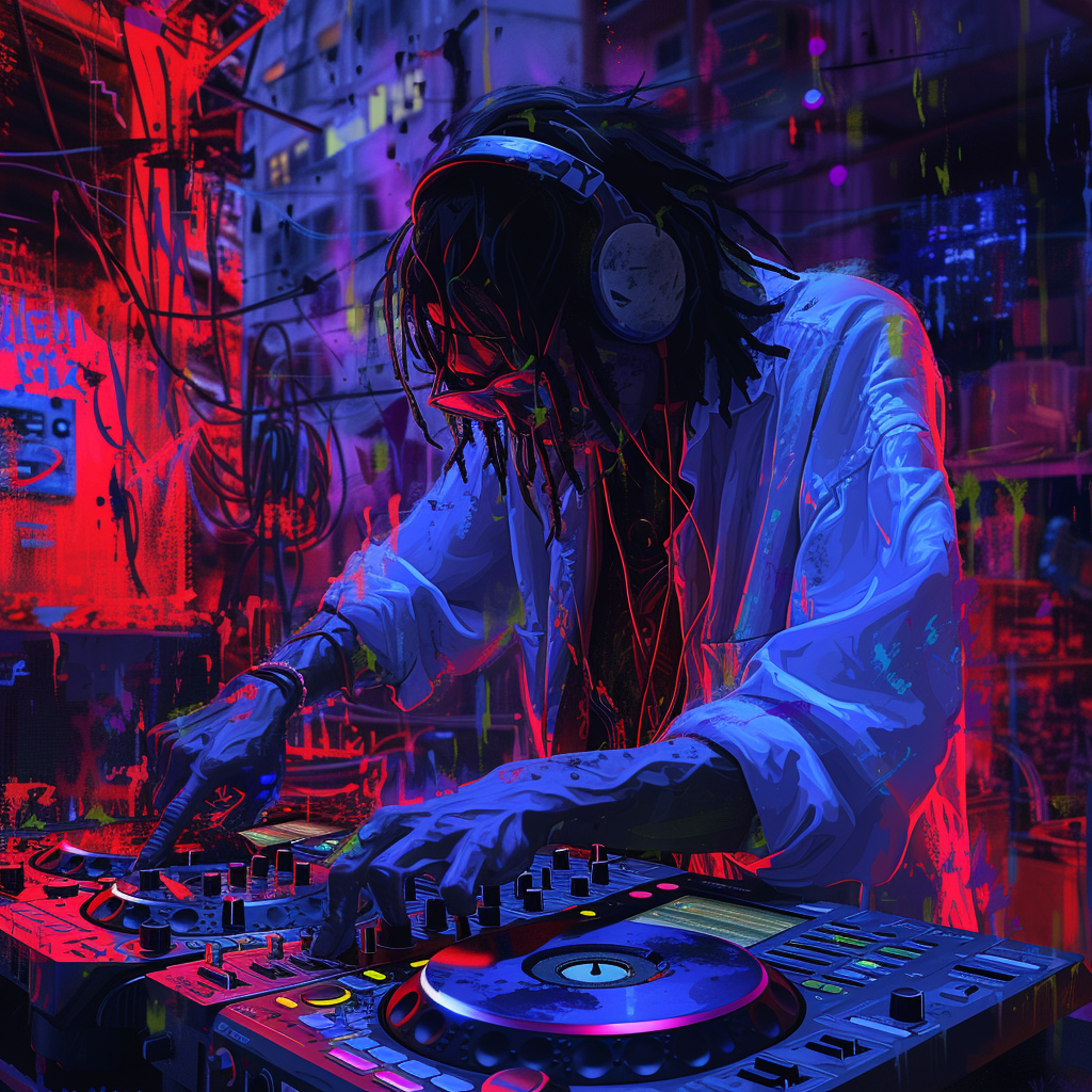 Avatar of a DJ mixing tracks with a vibrant underground nightclub vibe, featuring intense neon colors and an energetic party atmosphere.