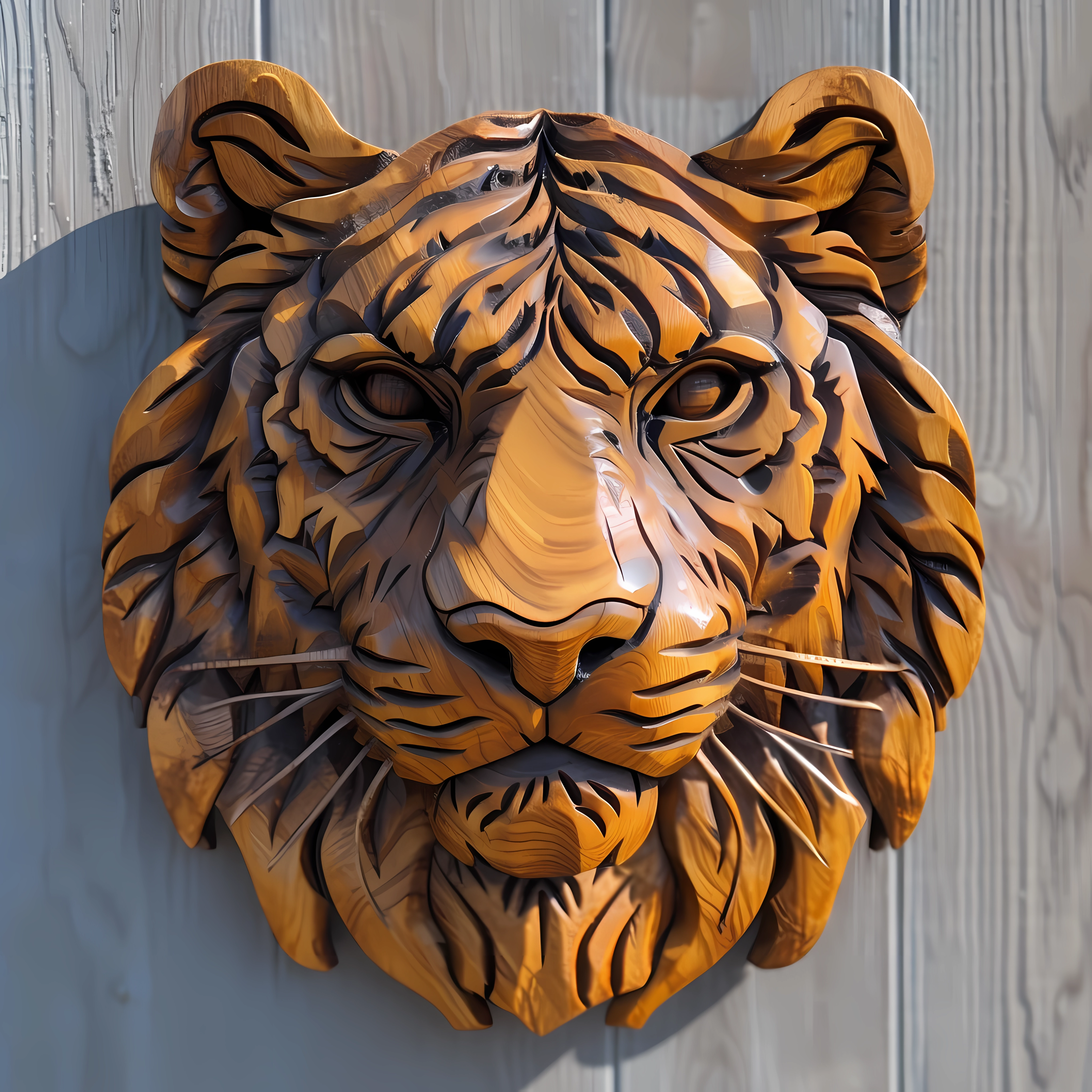 Intricate wood carving of a tiger's face for an avatar or profile picture, showcasing detailed craftsmanship.