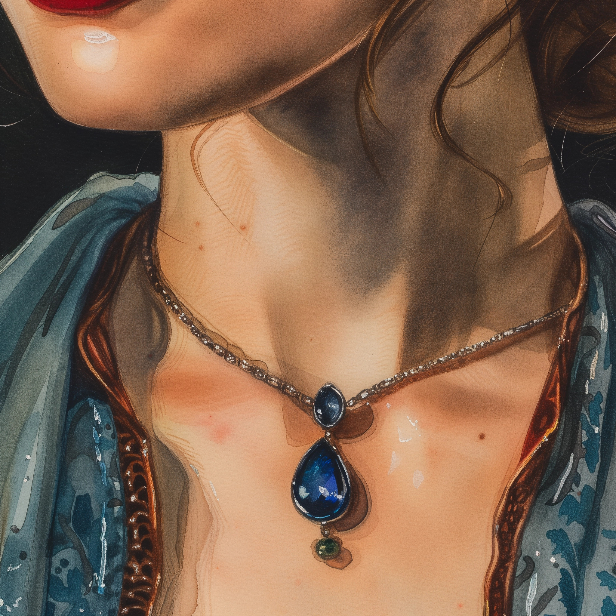 Close-up avatar of a woman wearing an elegant blue pendant necklace.