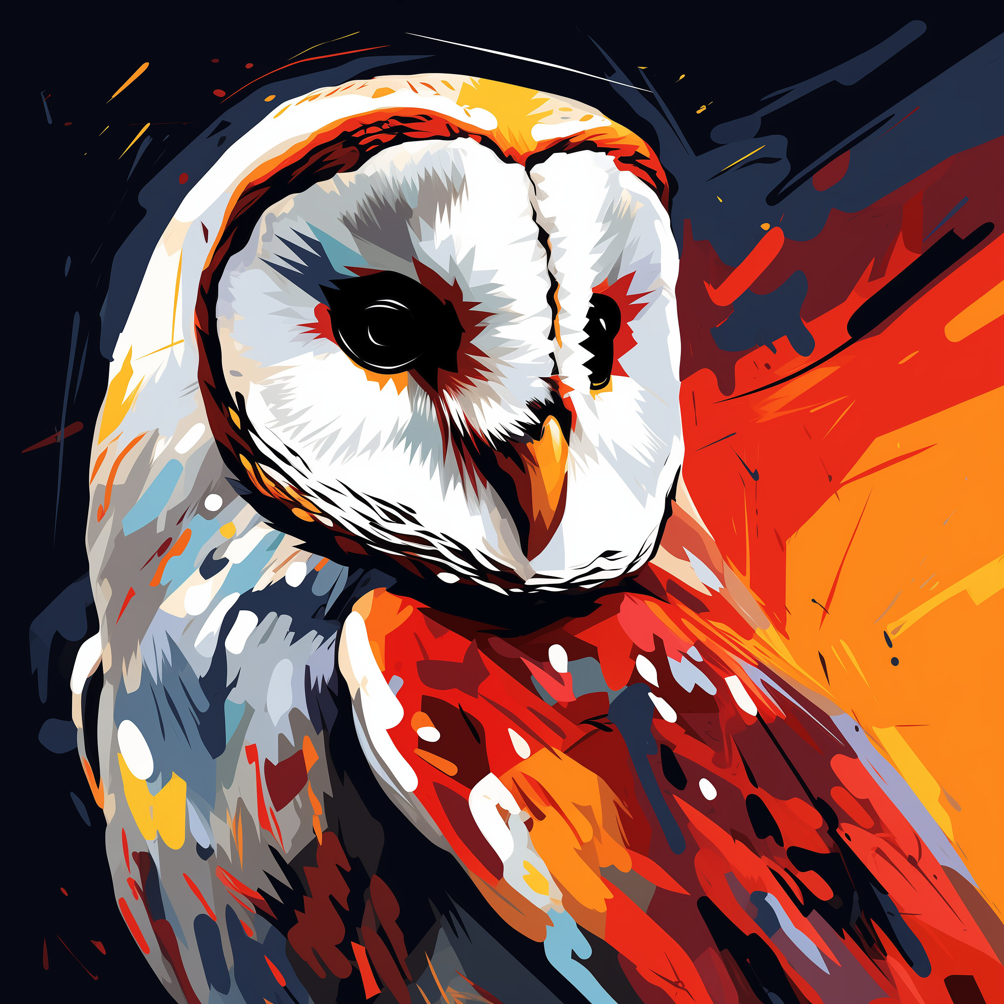 Stylized pop art avatar of a barn owl with vibrant orange and blue accents suitable as a profile picture.