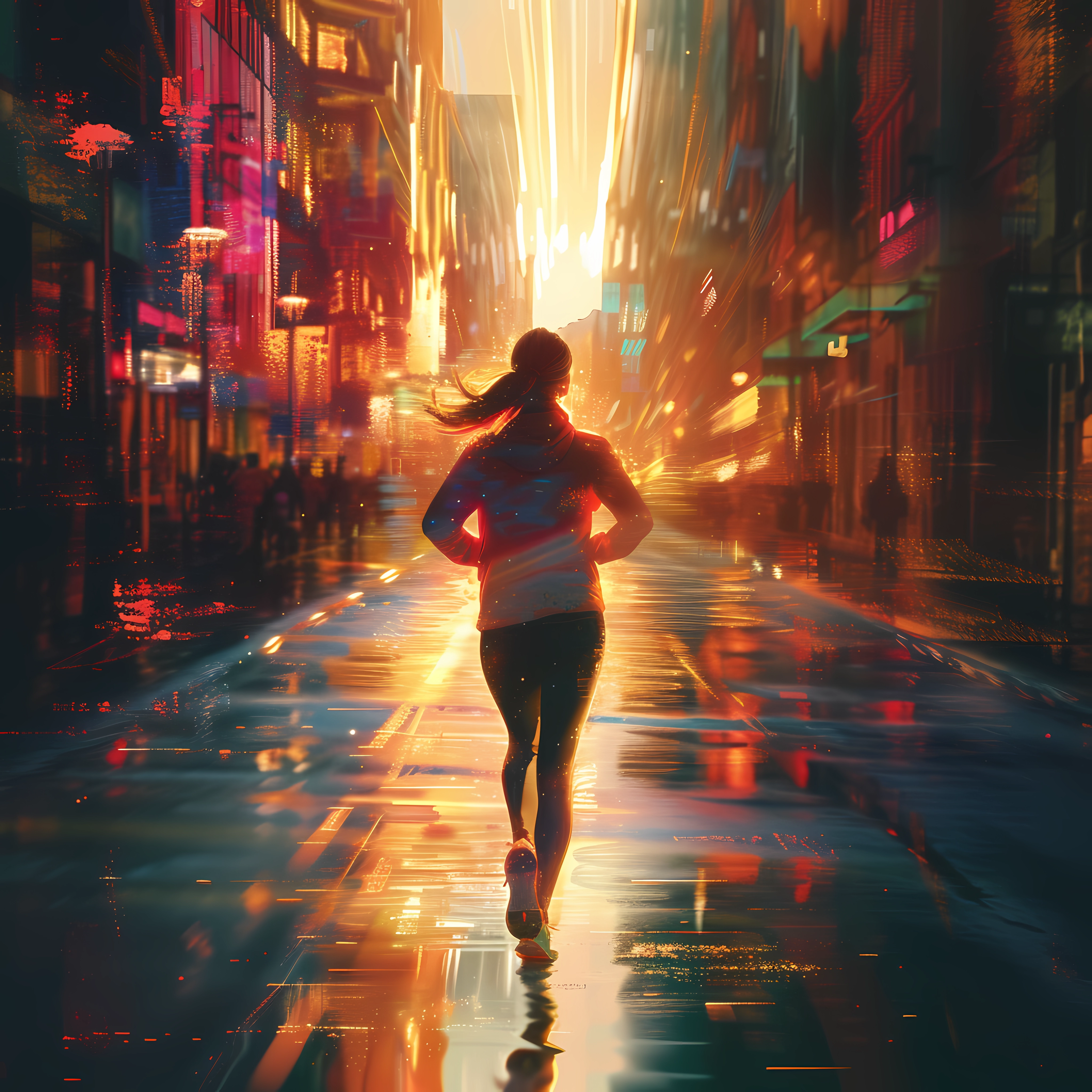 Illustration of a person jogging through a vibrant city street with dynamic lighting effects, suitable as a profile picture.