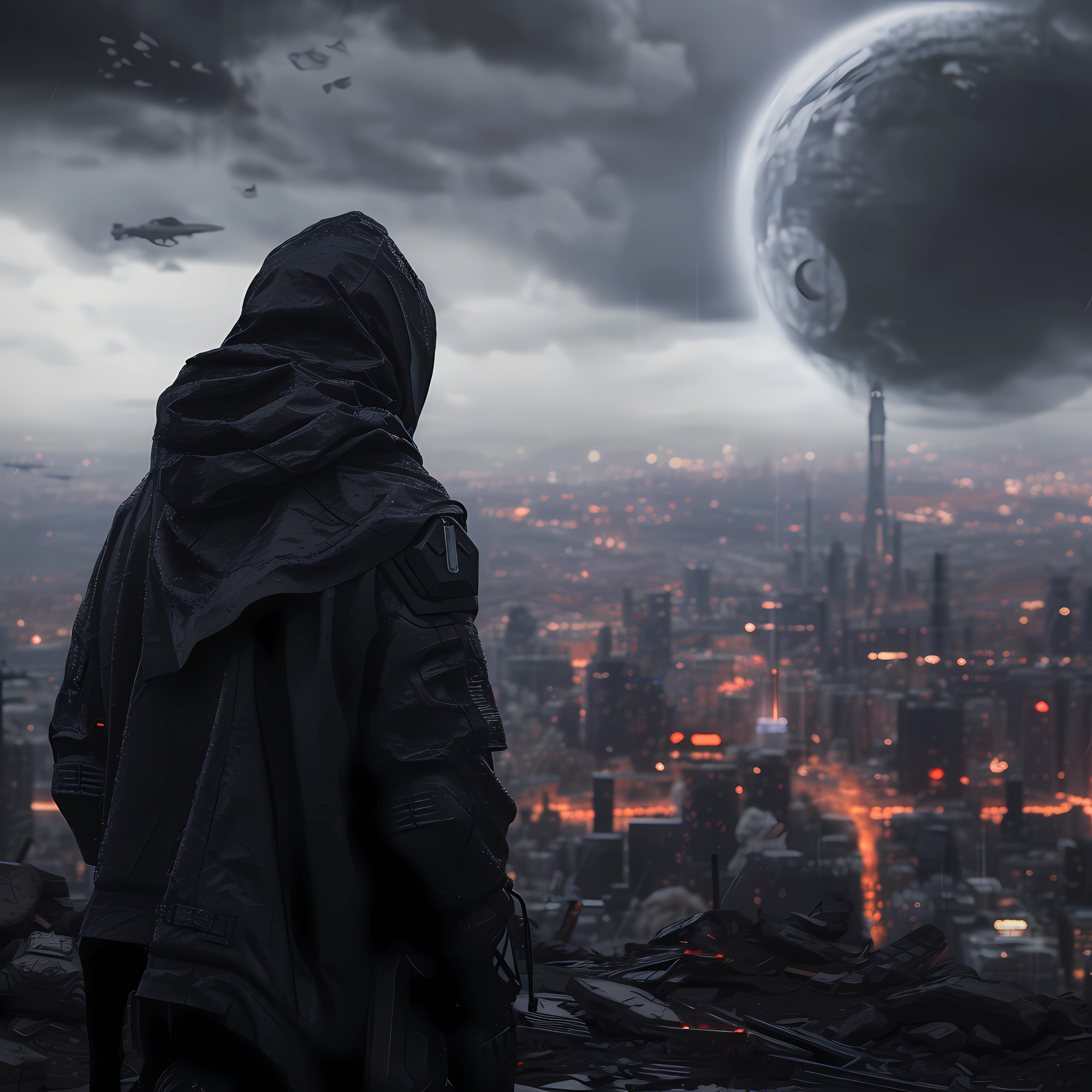 Avatar of a cloaked figure overlooking a dystopian cityscape with a large planet looming in the dark sky, conveying a post-apocalyptic atmosphere.