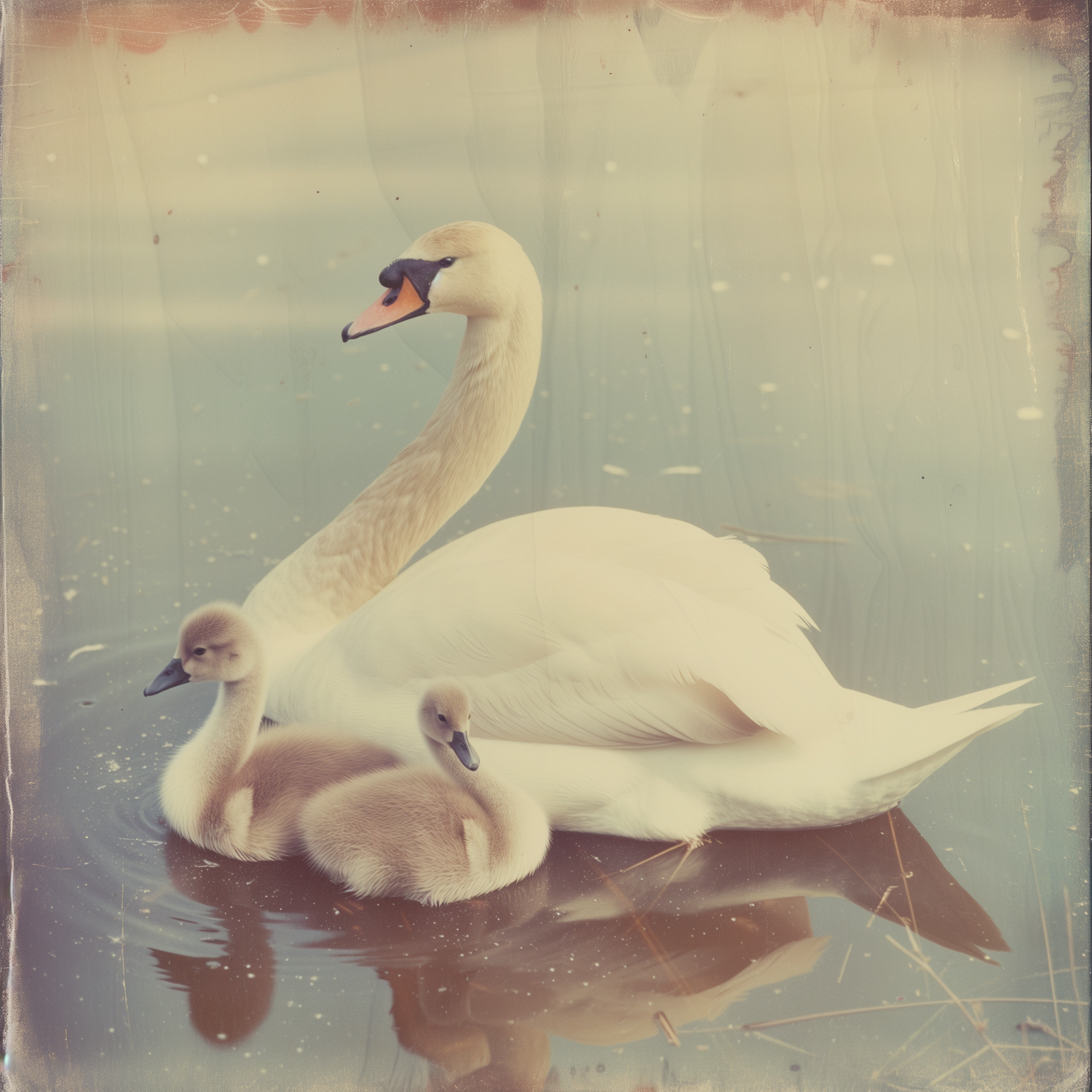 Polaroid-style avatar image of an elegant mute swan with cygnets swimming, invoking serene wildlife themes.